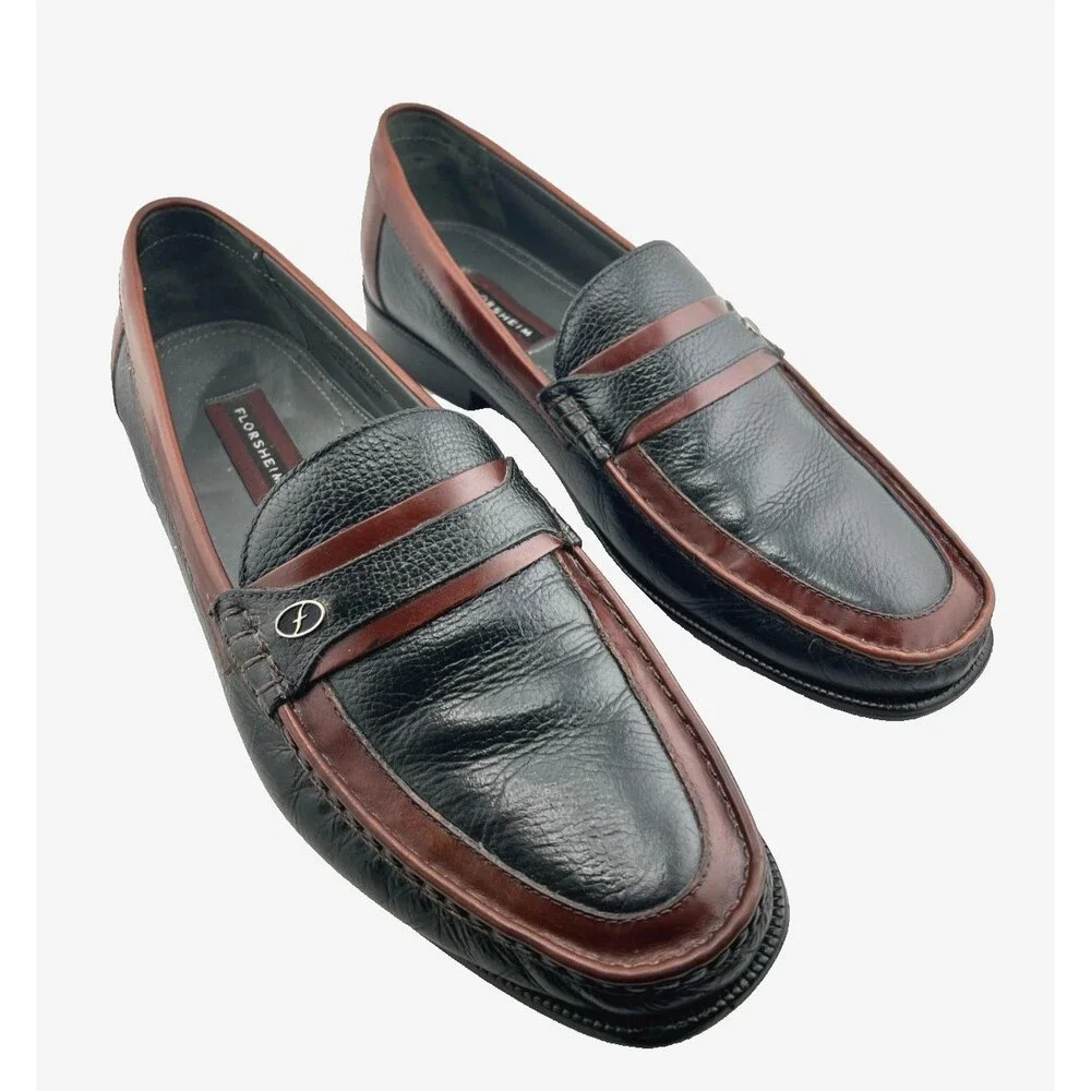 FLORSHEIM Men's 12D Black Brown Slip on Loafers Dress Shoes Leather Brazil